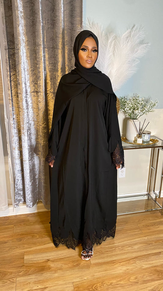 Asma Lace Front Abaya-Black